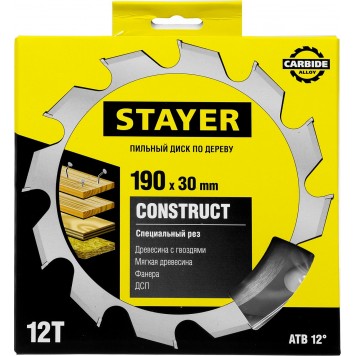 3683-190-30-12 | 190 x 30 мм 12Т, диск пильный по дереву с гвоздями, STAYER CONSTRUCT-4