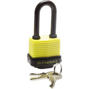 37141-40 | Замок навесной, всепогодный, пластиковая защита корпуса, с удлин. закален. дужкой,на карточке, 50мм, STAYER MASTER-0