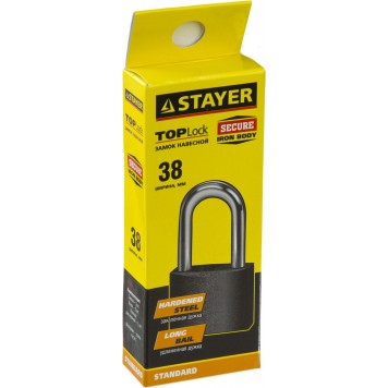 37160-38-1 | Замок навесной, металлический корпус, удлиненная закаленная дужка, 38мм, STAYER STANDARD-1