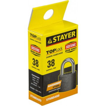 37160-38 | Замок навесной, металлический корпус, закаленная дужка, 38мм, STAYER STANDARD-1