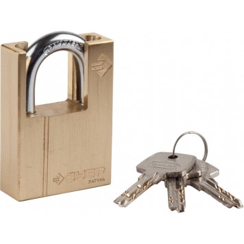 37297-50 | Замок навесной, латунный корпус, закаленная дужка, с дополнительной защитой, 50мм, ЗУБР ЭКСПЕРТ-0