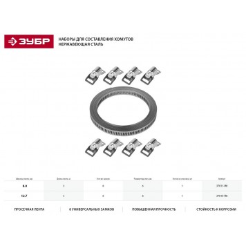37815-H8 | Набор: Хомут универсальный, нержавеющий, 3мх12.7 мм, 8 замков, ЗУБР ПРОФЕССИОНАЛ-1