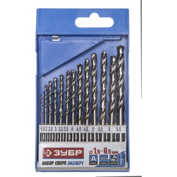 4-29625-H13 | Набор сверл по металлу 13 шт (d=1,5-6,5 мм), класс А, сталь Р6М5, ЗУБР ЭКСПЕРТ-0