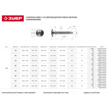 4-300210-42-016 | Саморезы со сверлом для листового металла, 16 х 4.2 мм, 9 000 шт, ЗУБР ПШМ-С-1