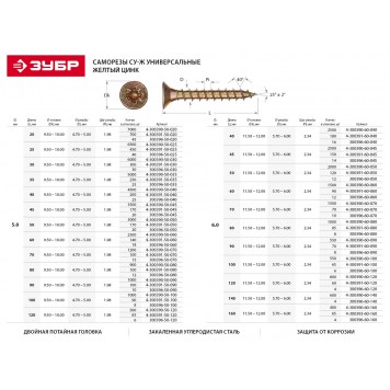 4-300391-50-070 | Саморезы универсальные, 70 x 5.0 мм, 100 шт, желтый цинк, ЗУБР СУ-Ж-1