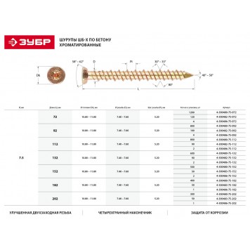 4-300480-75-202 | Шурупы ШБ-Х по бетону, 202 х 7.5 мм, 300 шт, хроматированные, ЗУБР ПРОФЕССИОНАЛ-1