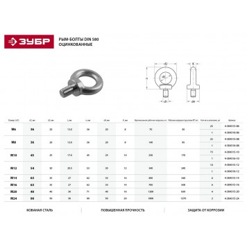 4-304315-24 | Рым-болт DIN 580, М24, 2 шт, оцинкованный, ЗУБР ПРОФЕССИОНАЛ-1