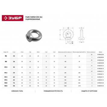 4-304325-12 | Рым-гайка DIN 582, М12, 10 шт, оцинкованная, ЗУБР ПРОФЕССИОНАЛ-1