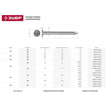 4-305211-25-032 | Гвозди толевые оцинкованные, ГОСТ 4029-63, 32 х 2.5 мм, 850 шт, ЗУБР МАСТЕР-1