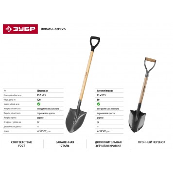 4-39506_z02 | Лопата автомобильная, деревянный черенок, металлическая рукоятка, ЗУБР БЕРКУТ-1
