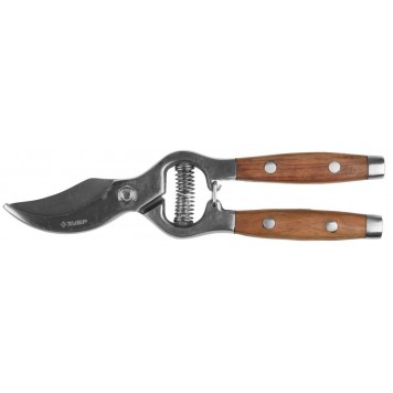 40100 | Секатор цельнокованый из нержавеющей стали, с деревянными рукоятками, плоскостной, 210 мм, ЗУБР ЭКСПЕРТ-0