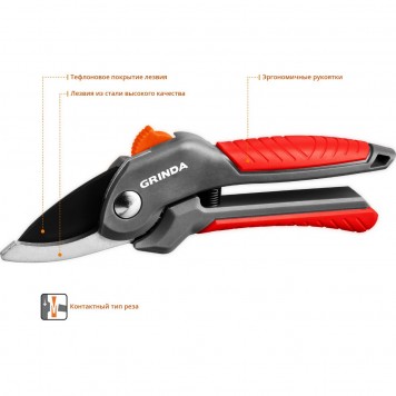 423122 | Секатор с двухкомпонентными рукоятками, плоскостной, 200 мм, GRINDA G-22-5