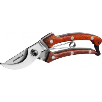 423417 | Секатор компактный, цельнокованый из нержавеющей стали, с деревянными рукоятками, плоскостной, 195 мм, GRINDA P-17-4