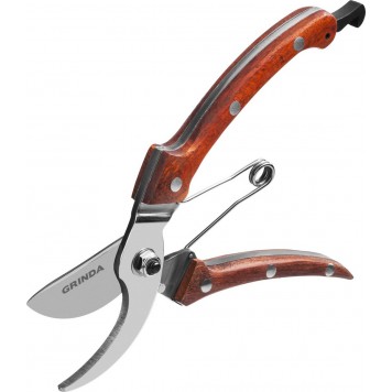 423417 | Секатор компактный, цельнокованый из нержавеющей стали, с деревянными рукоятками, плоскостной, 195 мм, GRINDA P-17-5