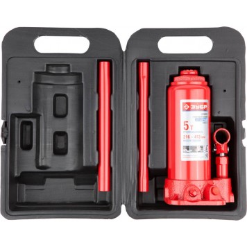 43060-5-K | Домкрат гидравлический бутылочный в пластмассовом кейсе, 5т, 216-413мм, ЗУБР ЭКСПЕРТ-1