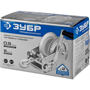 43113-0.9_z01 | Лебедка ручная барабанная тяговая, тросовая, 0.9 т, 8 м, ЗУБР ПРОФЕССИОНАЛ-1