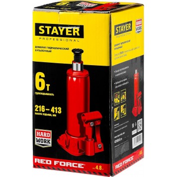 43160-6_z01 | Домкрат гидравлический бутылочный, 6т, 216-413 мм, STAYER RED FORCE-4