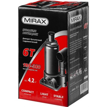 43260-6 | Домкрат гидравлический бутылочный, 6т, 195-380 мм, MIRAX-3