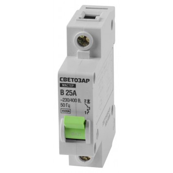 49050-25-B | Выключатель автоматический, 1-полюсный, "B" (тип расцепления), 25 A, 230 / 400 В, СВЕТОЗАР-0