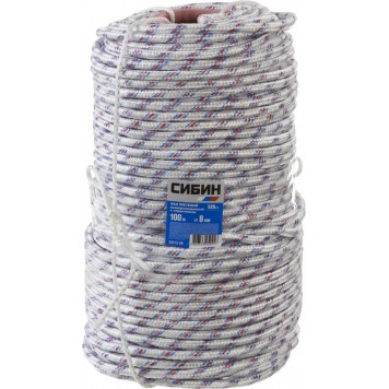 50215-08 | Фал плетёный полипропиленовый 16-прядный с полипропиленовым сердечником, диаметр 8 мм, бухта 100 м, 520 кгс, СИБИН-2