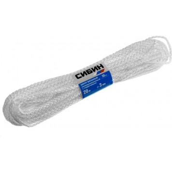 50253 | Шнур вязаный полипропиленовый с сердечником, белый, длина 20 метров, диаметр 3 мм, СИБИН-0