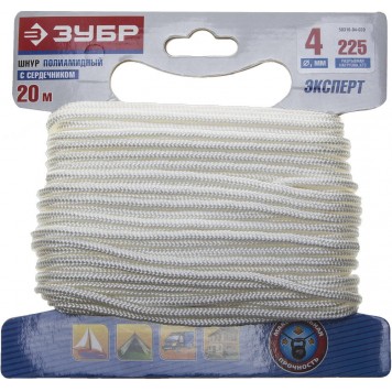 50310-04-020 | Шнур полиамидный, плетеный, повышенной нагрузки, с сердечником, белый, d 4, 20м, ЗУБР ЭКСПЕРТ-0