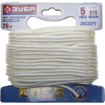 50310-05-020 | Шнур полиамидный, плетеный, повышенной нагрузки, с сердечником, белый, d 5, 20м, ЗУБР ЭКСПЕРТ-0