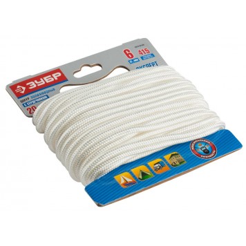 50310-06-020 | Шнур полиамидный, плетеный, повышенной нагрузки, с сердечником, белый, d 6, 20м, ЗУБР ЭКСПЕРТ-0