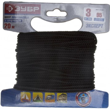 50311-03-020 | Шнур полиамидный, плетеный, повышенной нагрузки, с сердечником, черный, d 3, 20м, ЗУБР ЭКСПЕРТ-0
