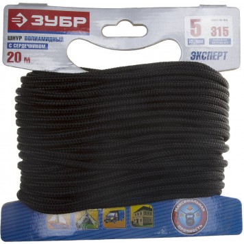 50311-05-020 | Шнур полиамидный, плетеный, повышенной нагрузки, с сердечником, черный, d 5, 20м, ЗУБР ЭКСПЕРТ-0