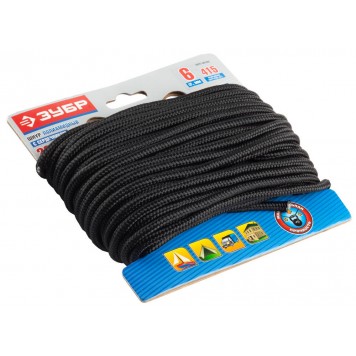 50311-06-020 | Шнур полиамидный, плетеный, повышенной нагрузки, с сердечником, черный, d 6, 20м, ЗУБР ЭКСПЕРТ-0