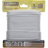 Шнур хозяйственно-бытовой, полипропиленовый, вязанный, без сердечника, белый, d 5, 20м, STAYER 50420-05-020