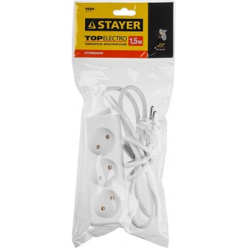 55030-1.5 | Удлинитель электрический, ПВС 2х1мм2, 3 гнезда, 3500 Вт, 1.5м, STAYER TOPELECTRO-3