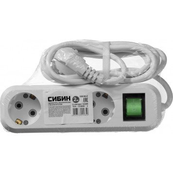 55036-2 | Удлинитель электрический, ПВС сечение 0,75кв мм, 3 гнезда, макс мощн 2200Вт, 2м, заземление, выключатель, СИБИН-1