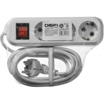 55036-3 | Удлинитель электрический, ПВС сечение 0,75кв мм, 3 гнезда, макс мощн 2200Вт, 3м, заземление, выключатель, СИБИН-1