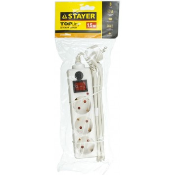 55065-1.5 | Сетевой фильтр электрический, 3 гнезда, макс. мощн. 2200 Вт, 1.5м, STAYER STANDARD-1