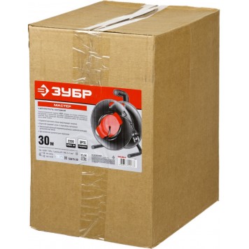 55075-30 | Удлинитель на катушке, ПВС 2х1кв мм, 1 гнездо, макс мощн 2200Вт, 30м, ЗУБР МАСТЕР-2