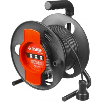 55075-50 | Удлинитель на катушке, ПВС 2х1кв мм, 1 гнездо, макс мощн 2200Вт, 50м, ЗУБР МАСТЕР-0