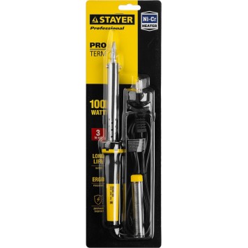 55300-100 | Паяльник PROTerm с двухкомпонентной рукояткой, в комплекте с припоем и подставкой, жало - клин, 100 Вт, STAYER PROFESSIONAL-3