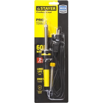 55300-60 | Паяльник с двухкомпонентной рукояткой и долговечным жалом, PROTerm, в комплекте (припой и подставка), 60 Вт, конус, STAYER PROFI-3