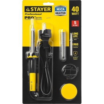 55312-40-H5 | Набор для паяльных работ PROTerm, паяльник 55300 + подставка + припой + жало сменное + канифоль, 40 Вт, STAYER PROFI-3