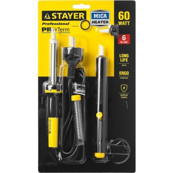 55313-60-H6 | Набор для паяльных работ PROTerm, паяльник 55300 + подставка + припой + жало сменное + шприц + насадка на жало, 60 Вт, STAYER PROFI-3