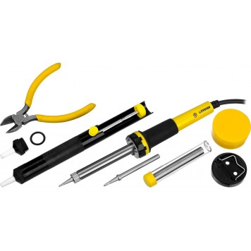 55314-60-H8 | Набор для паяльных работ, паяльник 55300 + подставка + припой + жало сменное + шприц + насадка на жало + канифоль + кусачки, 60 Вт, STAYER PROFI-0