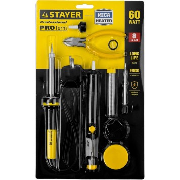 55314-60-H8 | Набор для паяльных работ, паяльник 55300 + подставка + припой + жало сменное + шприц + насадка на жало + канифоль + кусачки, 60 Вт, STAYER PROFI-1