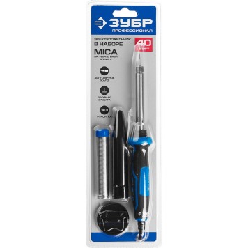 55402-40_z01 | Паяльник с двухкомпонентной рукояткой и защитным колпачком в наборе с припоем и подставкой, 40Вт, конус, ЗУБР ПРОФЕССИОНАЛ-1