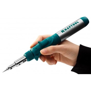 55503-H10 | Набор: Паяльник газовый, 3в1, пьезоподжиг, 5 насадок, припой, защитный колпачок, чистка жал, 1300С, KRAFTOOL PRO-10