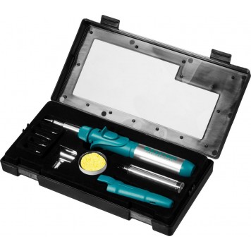 55503-H10 | Набор: Паяльник газовый, 3в1, пьезоподжиг, 5 насадок, припой, защитный колпачок, чистка жал, 1300С, KRAFTOOL PRO-11