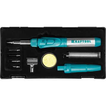55503-H10 | Набор: Паяльник газовый, 3в1, пьезоподжиг, 5 насадок, припой, защитный колпачок, чистка жал, 1300С, KRAFTOOL PRO-12