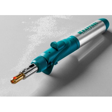 55503-H10 | Набор: Паяльник газовый, 3в1, пьезоподжиг, 5 насадок, припой, защитный колпачок, чистка жал, 1300С, KRAFTOOL PRO-18