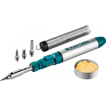 55504-H8 | Набор: Паяльник газовый, 3в1, регулировка пламени, 4 насадки, припой, чистка жал, 1300С, KRAFTOOL-0